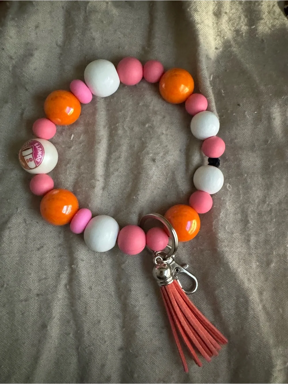 Turquoise & White Beaded Key & Card Holder Bracelet with Tassel Charm